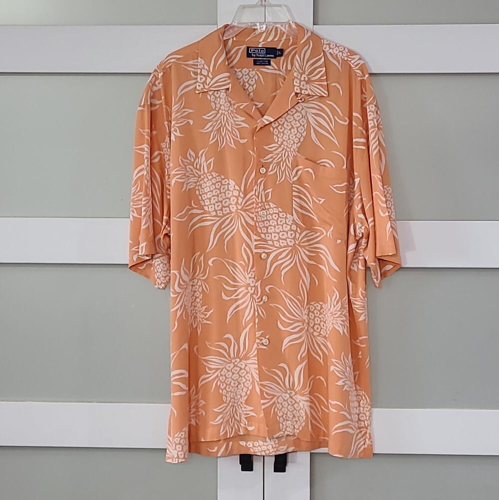 VTG Polo Ralph Lauren Clayton Shirt Rayon Large Orange Hawaiian Pineapple Baggy